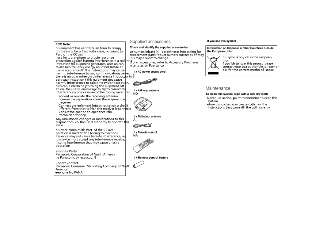 Panasonic SC-AKX73 owner manual Supplied accessories, Maintenance, FCC Note, Check and identify the supplied accessories 