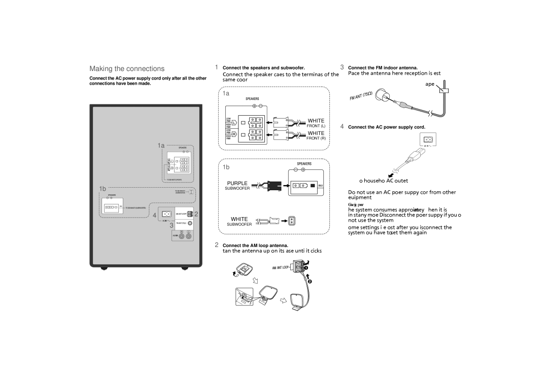 Panasonic SC-AKX73 owner manual Making the connections, Conserving power 