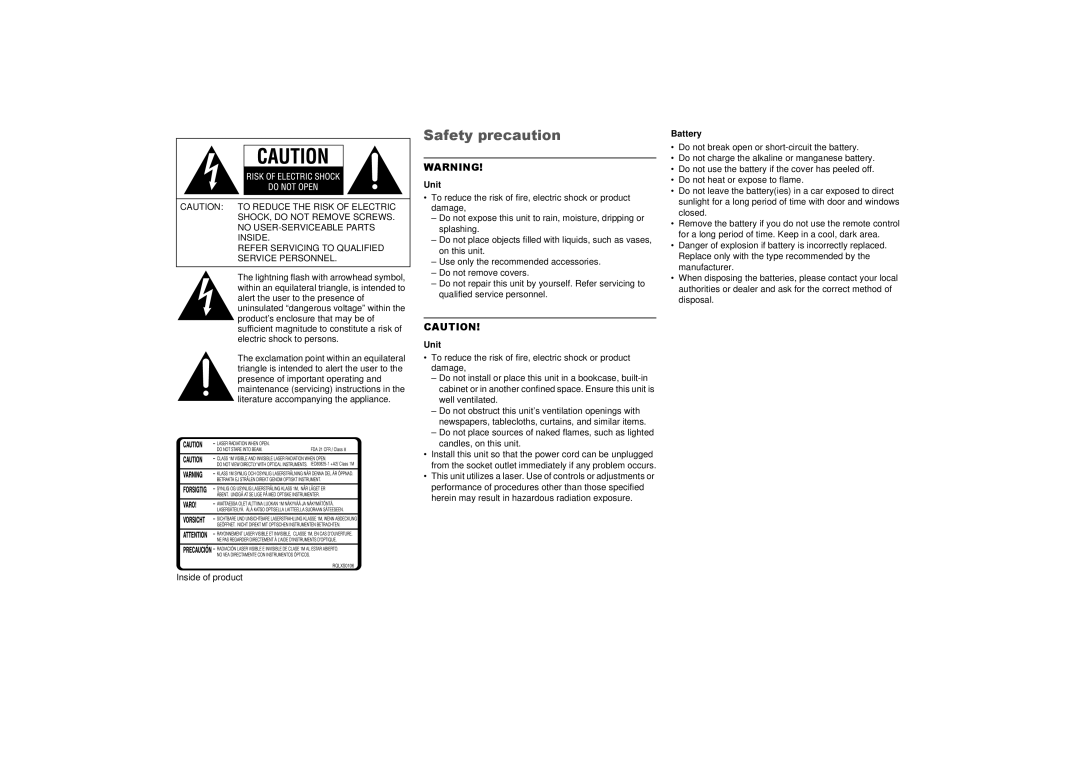 Panasonic SC-AKX73 owner manual Safety precaution, Unit, Battery 