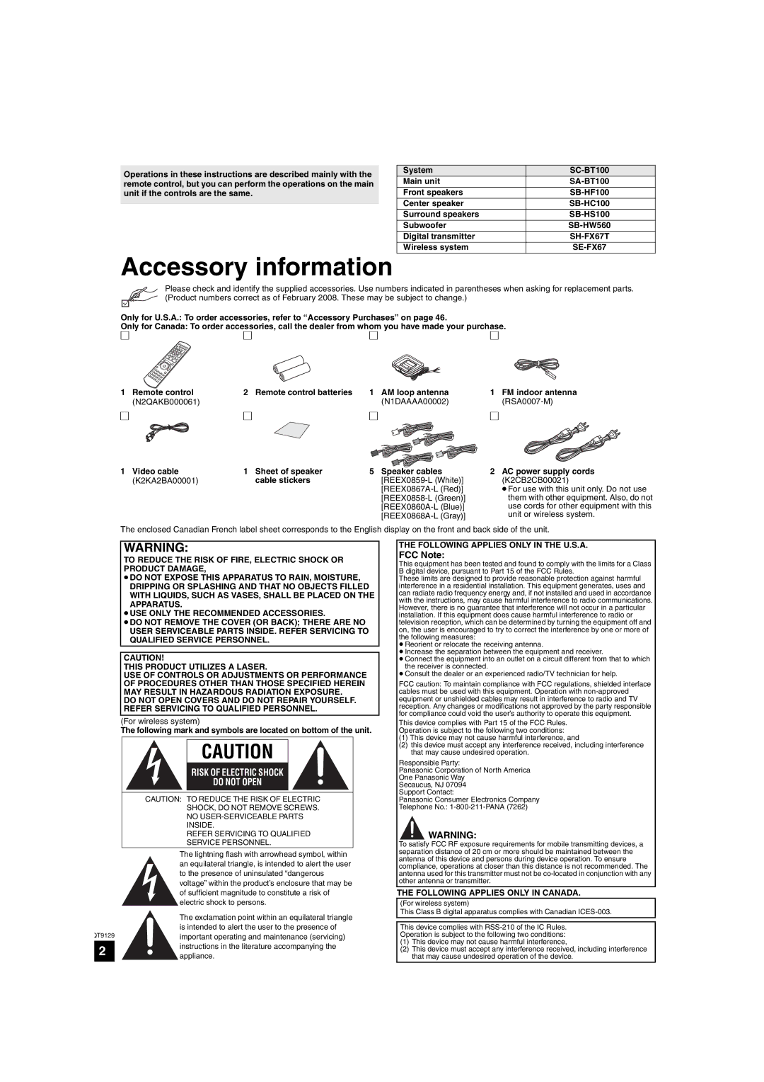 Panasonic SC-BT100 warranty Accessory information, FCC Note 