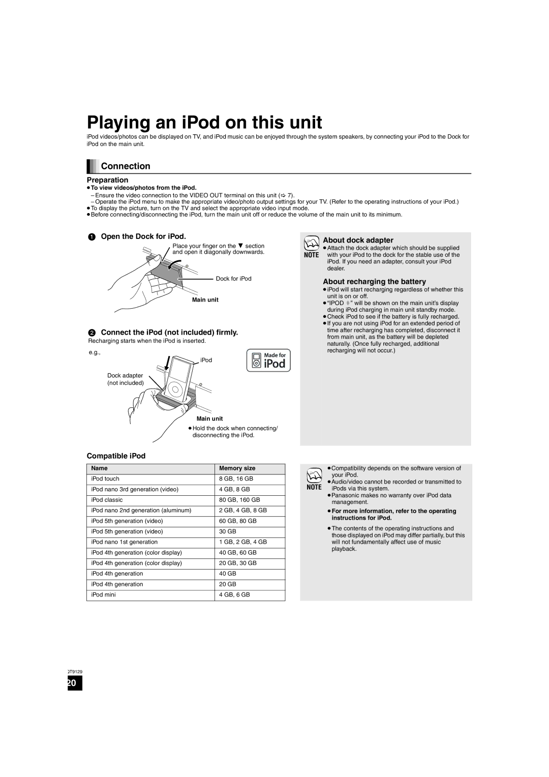 Panasonic SC-BT100 warranty Playing an iPod on this unit, Connection 