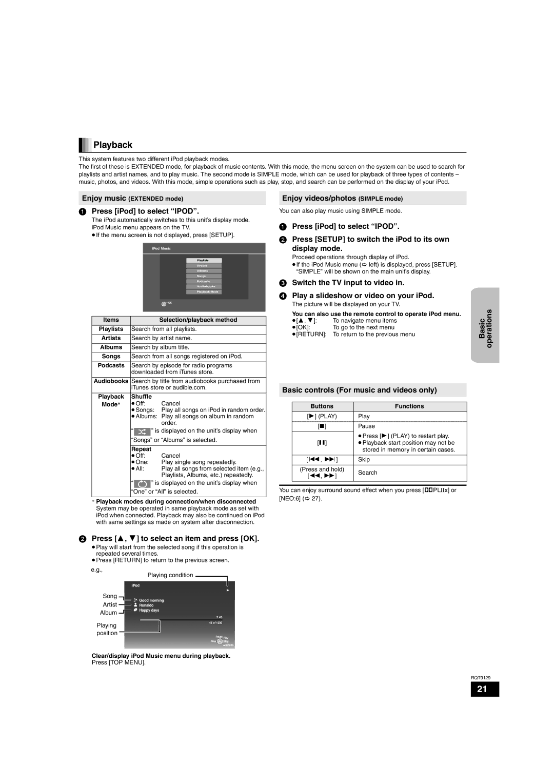 Panasonic SC-BT100 warranty Playback, Press iPod to select Ipod, Enjoy videos/photos Simple mode 