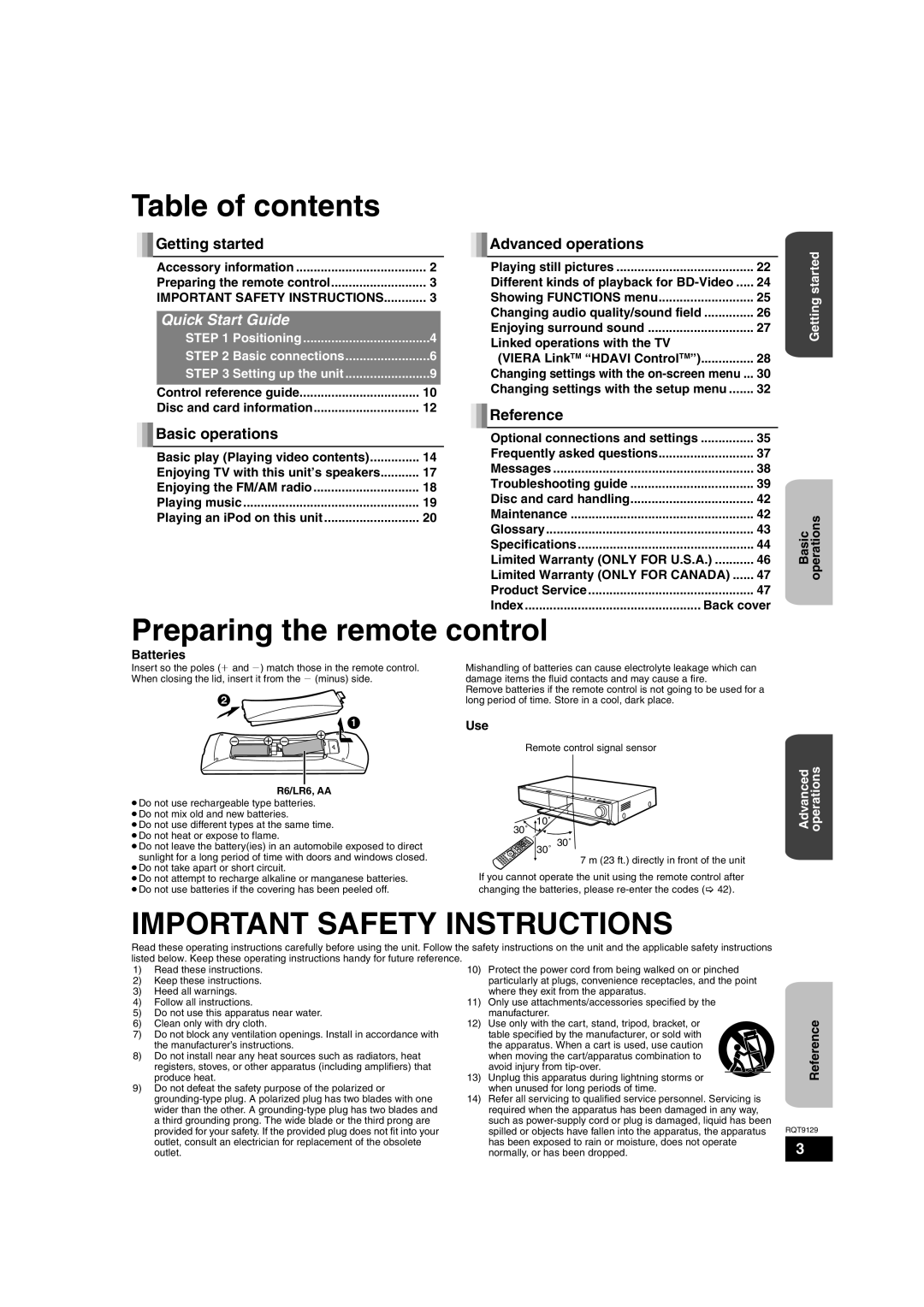 Panasonic SC-BT100 warranty Table of contents, Preparing the remote control 