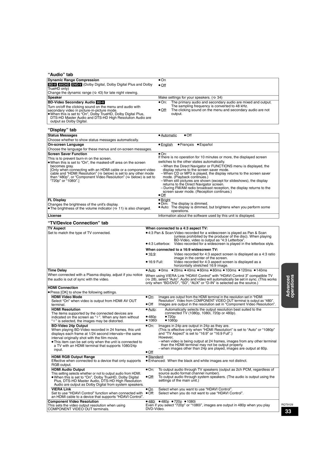 Panasonic SC-BT100 warranty Audio tab, Display tab, TV/Device Connection tab 