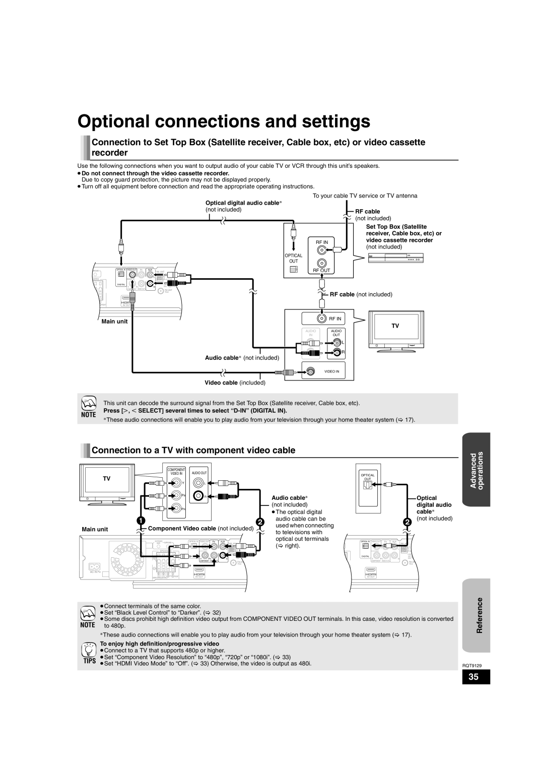 Panasonic SC-BT100 warranty Optional connections and settings, Connection to a TV with component video cable 