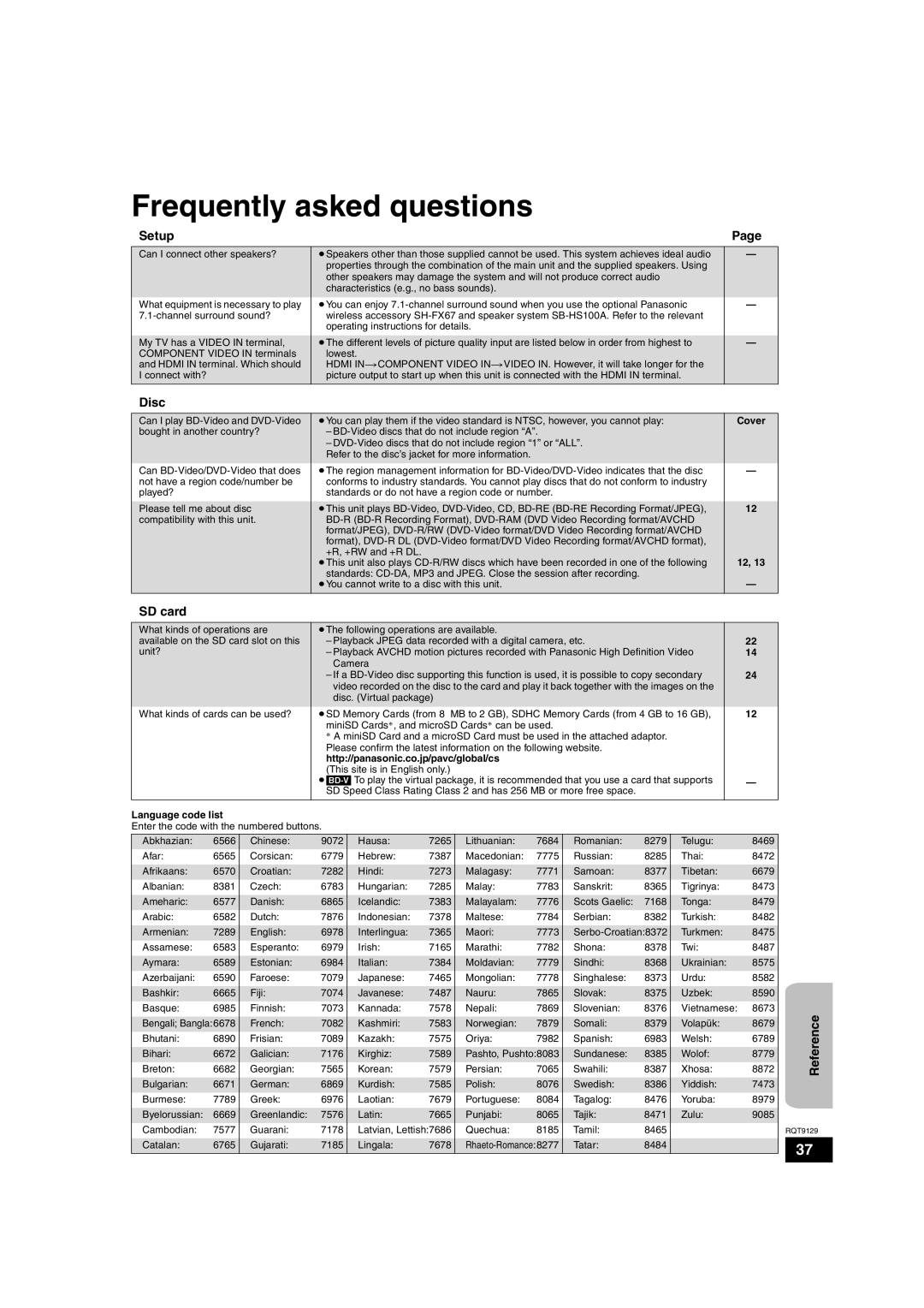 Panasonic SC-BT100 warranty Frequently asked questions, Setup, SD card 