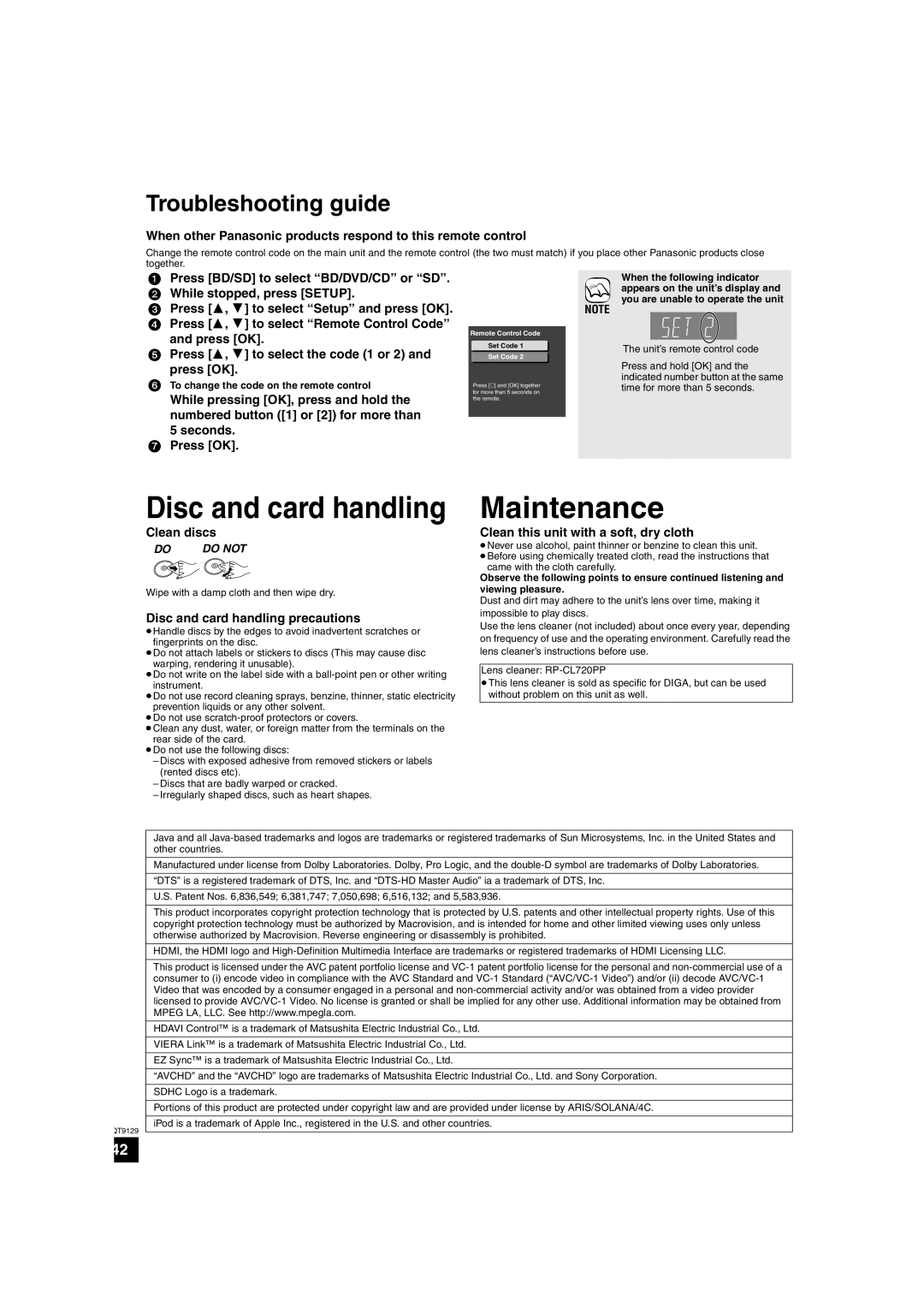 Panasonic SC-BT100 Maintenance, Clean discs, Disc and card handling precautions, Clean this unit with a soft, dry cloth 