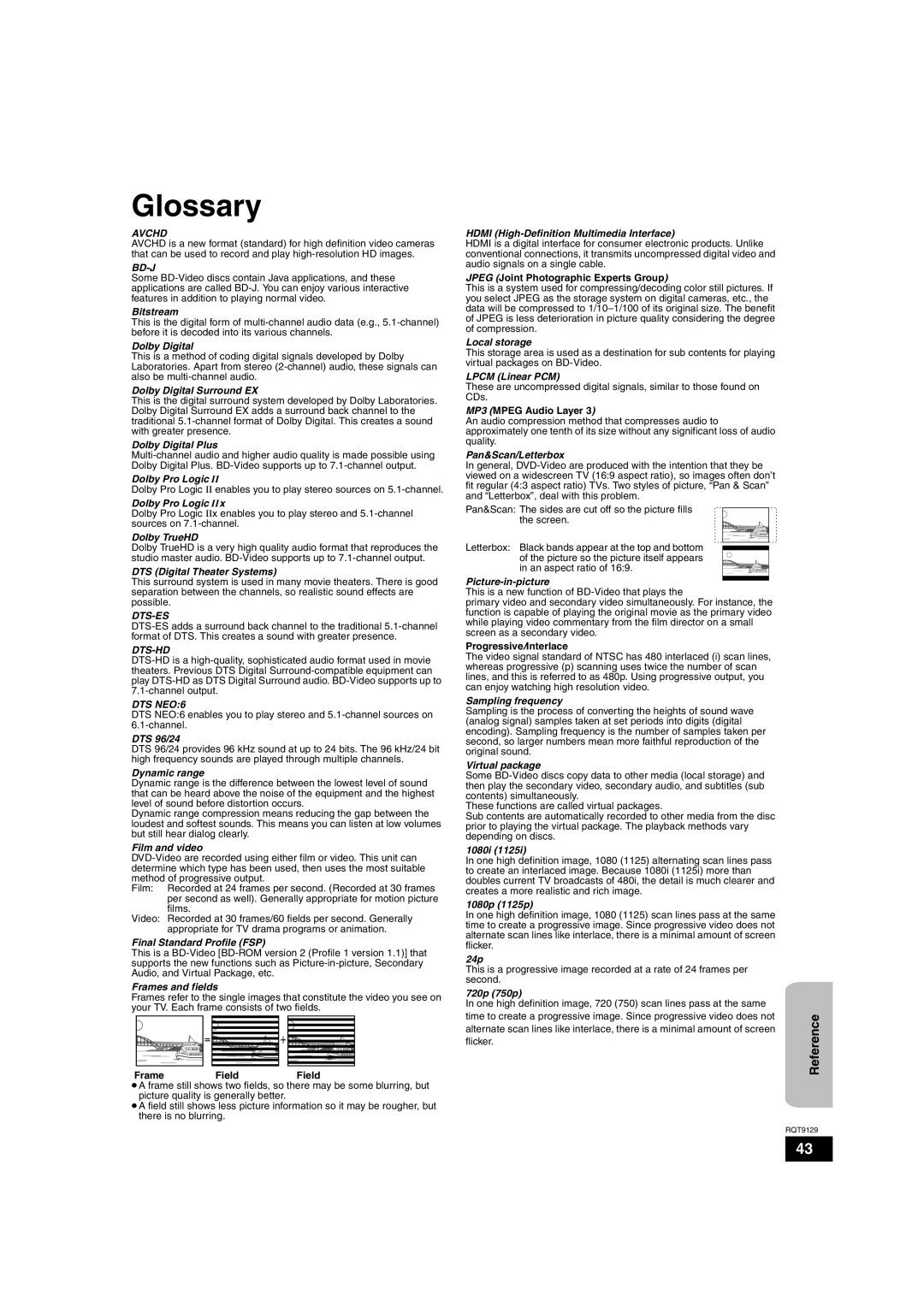 Panasonic SC-BT100 warranty Glossary, Frame FieldField, Jpeg Joint Photographic Experts Group, MP3 Mpeg Audio Layer 