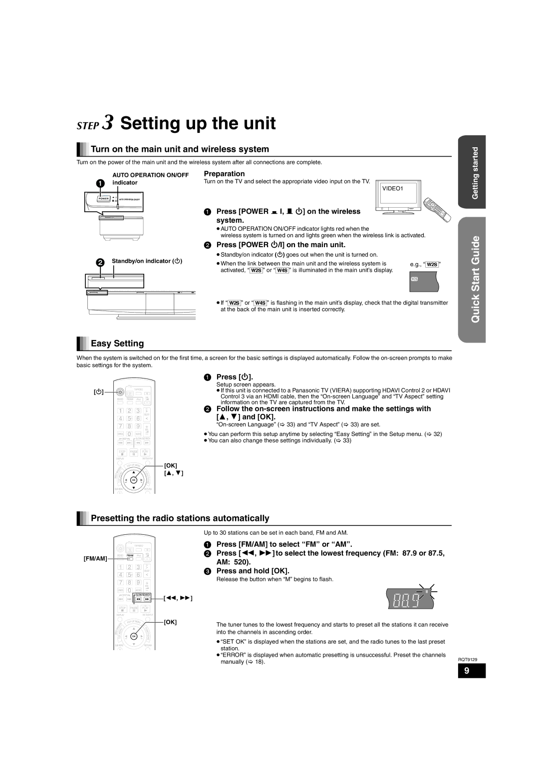 Panasonic SC-BT100 warranty Setting up the unit, Turn on the main unit and wireless system, Easy Setting 