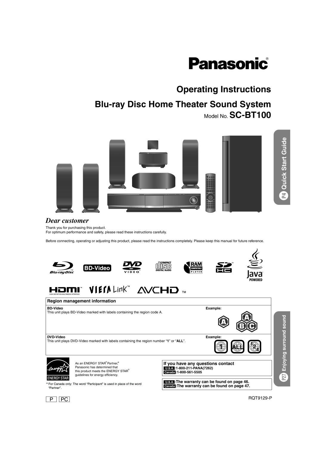 Panasonic SC-BT100 warranty P4 Quick Start Guide, P27 Enjoying surround sound, Region management information, RQT9129-P 