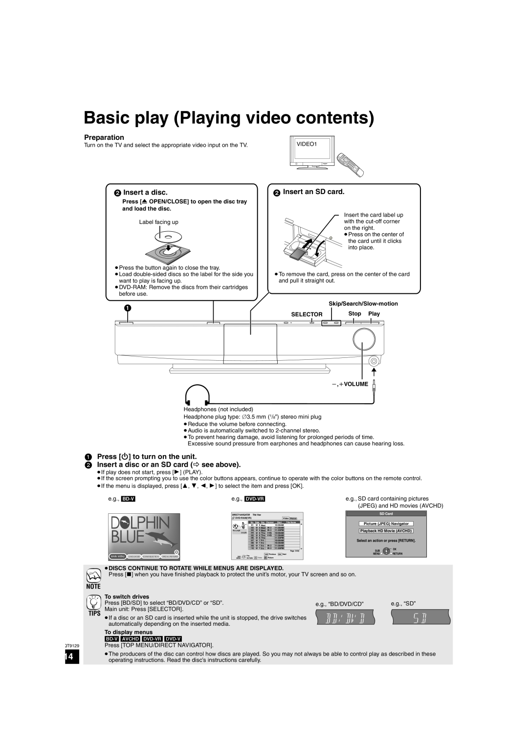 Panasonic SC-BT100 Basic play Playing video contents, Insert a disc, Insert an SD card, 1Press Í to turn on the unit 