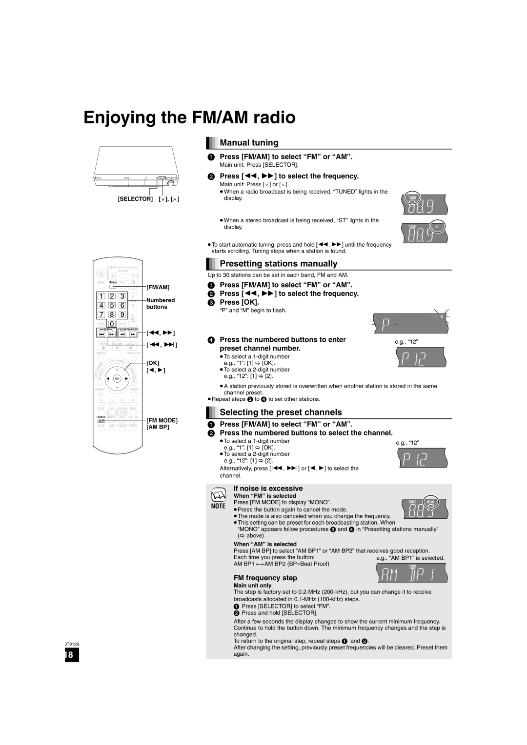 Panasonic SC-BT100 Enjoying the FM/AM radio, Manual tuning, Presetting stations manually, Selecting the preset channels 