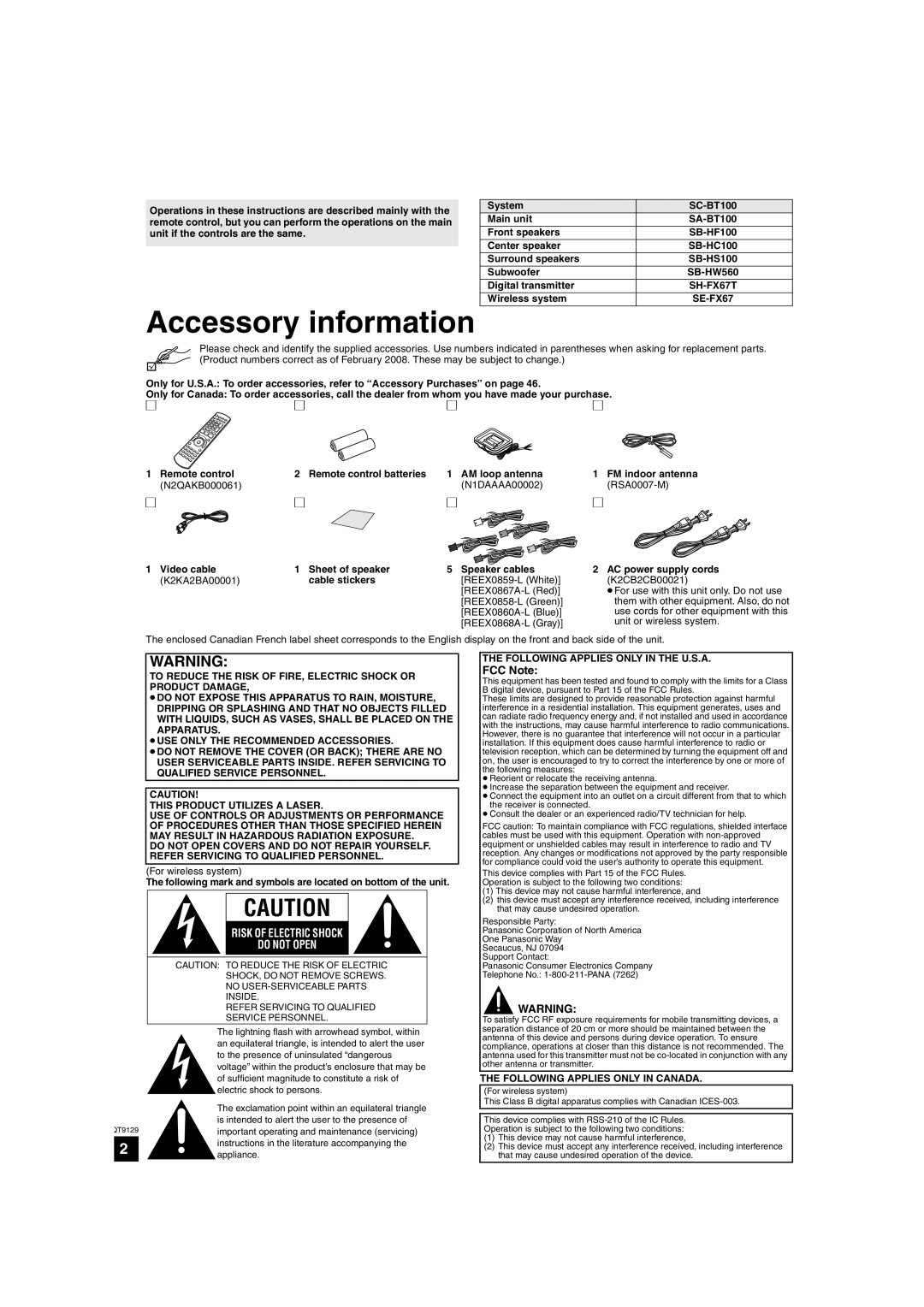 Panasonic SC-BT100 warranty Accessory information, Risk Of Electric Shock Do Not Open, FCC Note 