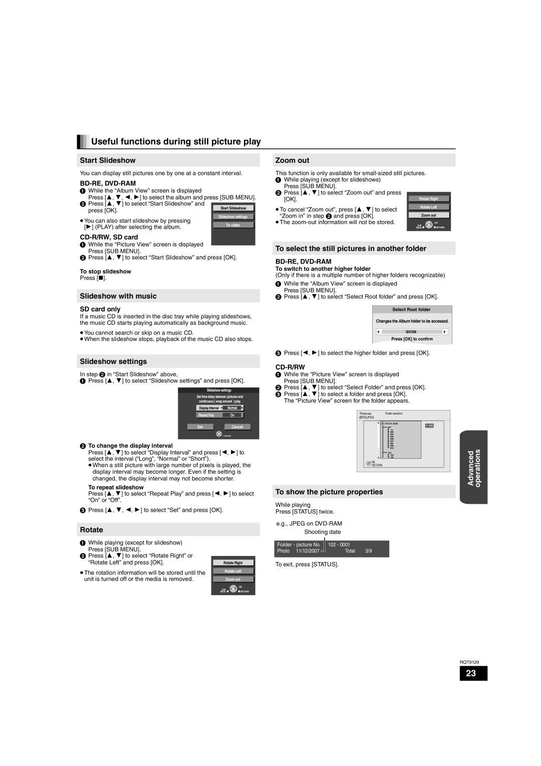 Panasonic SC-BT100 Useful functions during still picture play, Start Slideshow, Zoom out, Slideshow with music, Advanced 