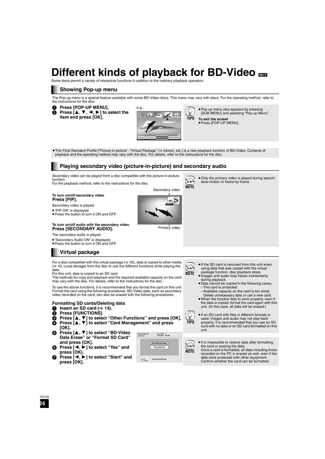 Panasonic SC-BT100 Different kinds of playback for BD-Video BD-V, Showing Pop-upmenu, Virtual package, 1Press POP-UPMENU 
