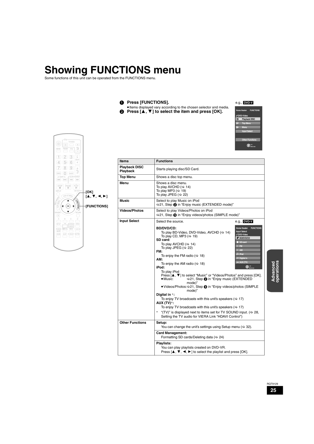 Panasonic SC-BT100 warranty Showing FUNCTIONS menu, 1Press FUNCTIONS, 2Press 3, 4 to select the item and press OK 