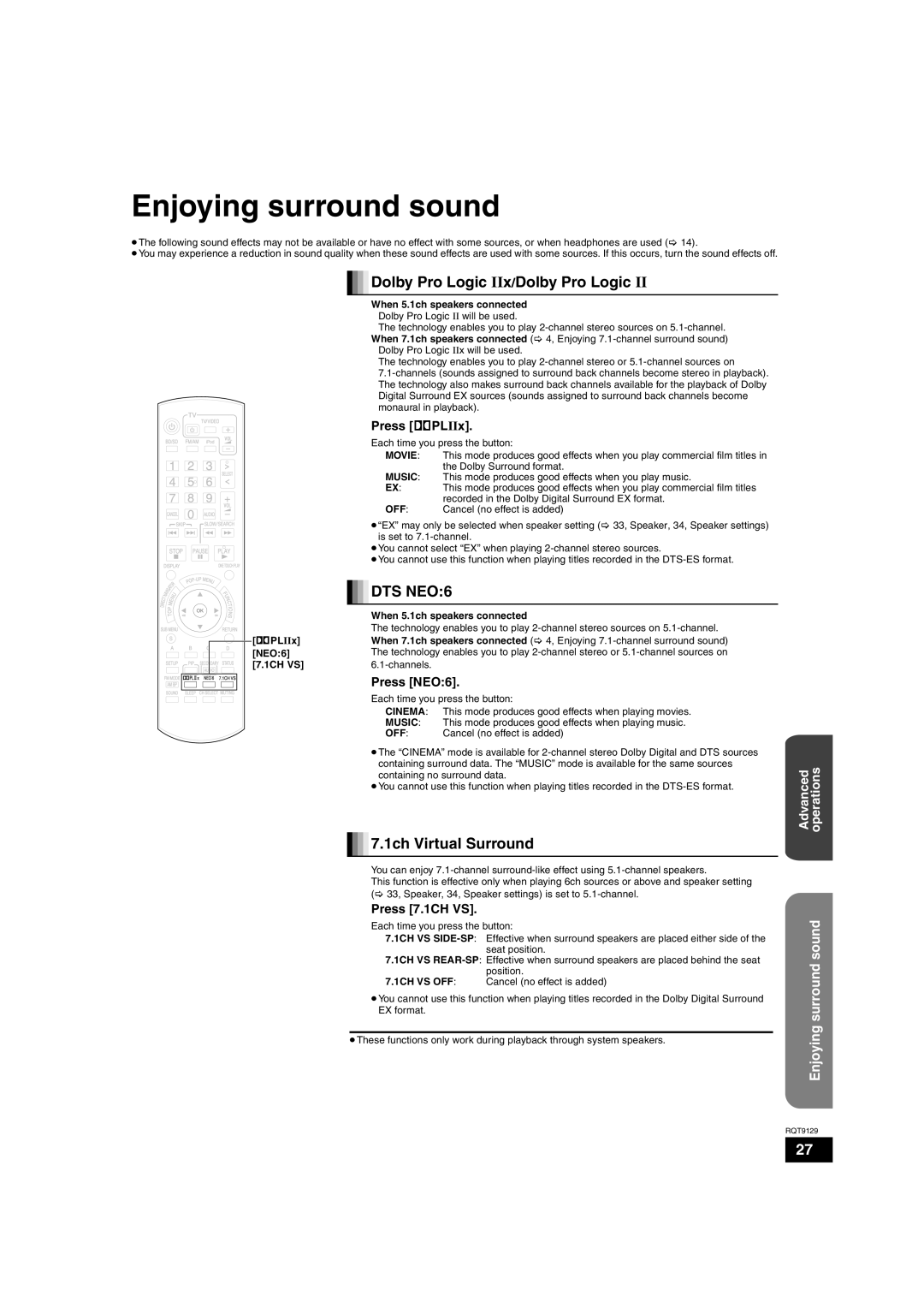 Panasonic SC-BT100 warranty Enjoying surround sound, Dolby Pro Logic IIx/Dolby Pro Logic, Dts Neo, 7.1ch Virtual Surround 