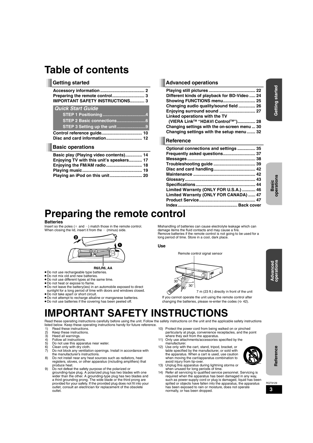 Panasonic SC-BT100 warranty Table of contents, Preparing the remote control, Important Safety Instructions, Getting started 