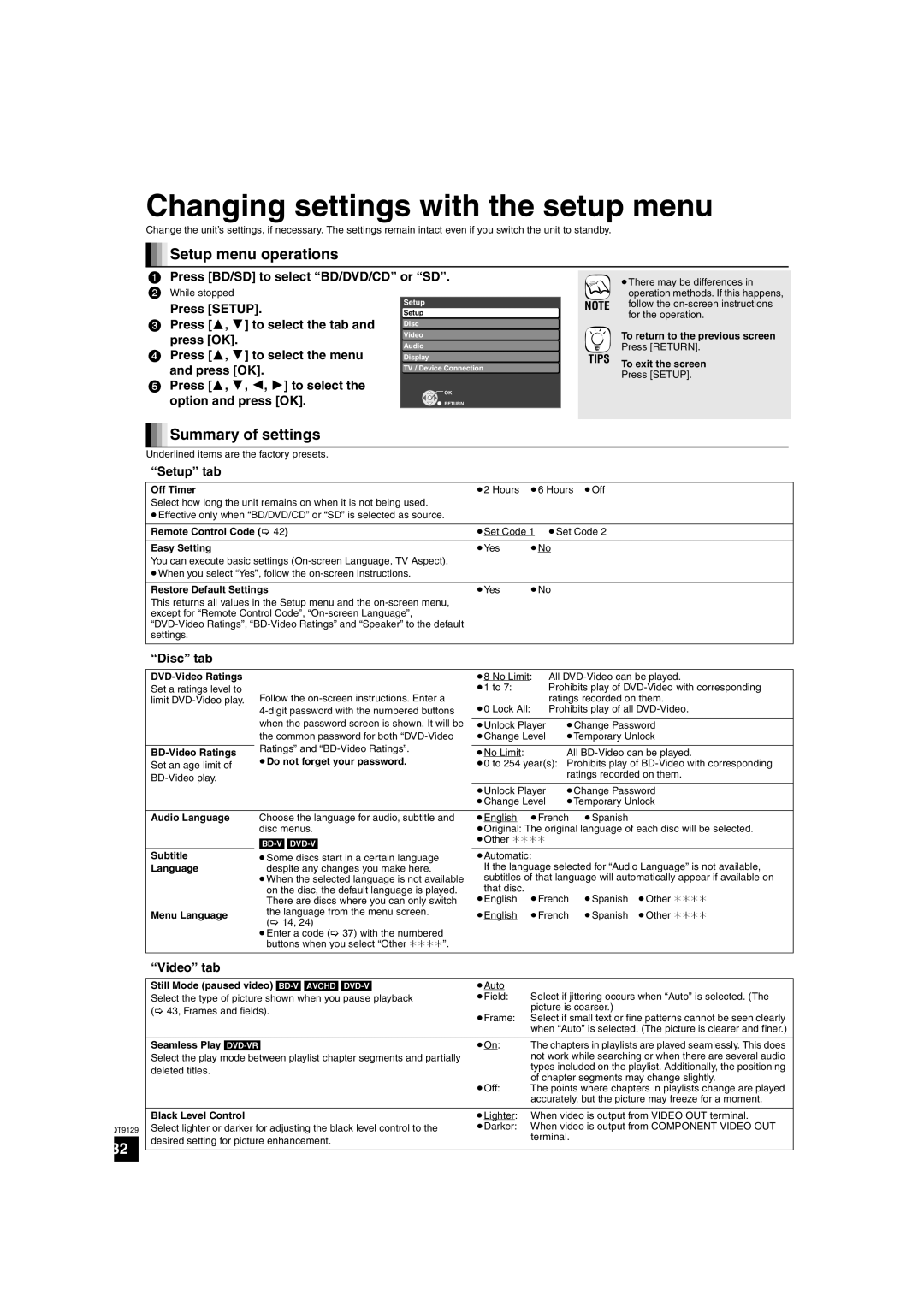 Panasonic SC-BT100 Changing settings with the setup menu, Setup menu operations, Summary of settings, Press SETUP, Tips 