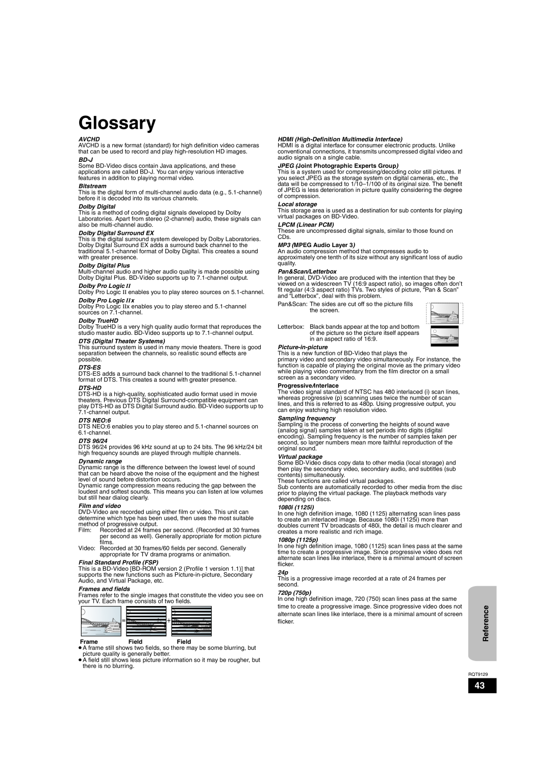 Panasonic SC-BT100 warranty Glossary, Frame FieldField, JPEG Joint Photographic Experts Group, MP3 MPEG Audio Layer 