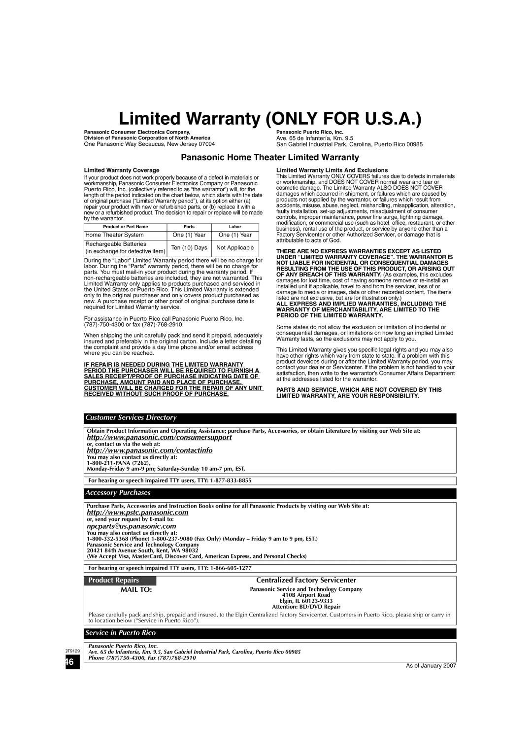 Panasonic SC-BT100 Limited Warranty ONLY FOR U.S.A, Panasonic Home Theater Limited Warranty, Mail To, Accessory Purchases 