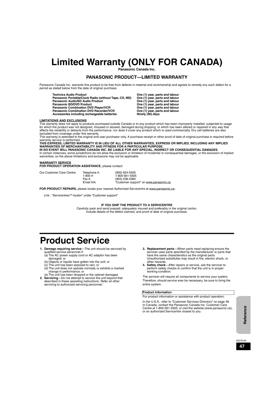 Panasonic SC-BT100 Limited Warranty ONLY FOR CANADA, Product Service, Panasonic Product-Limitedwarranty, Reference 
