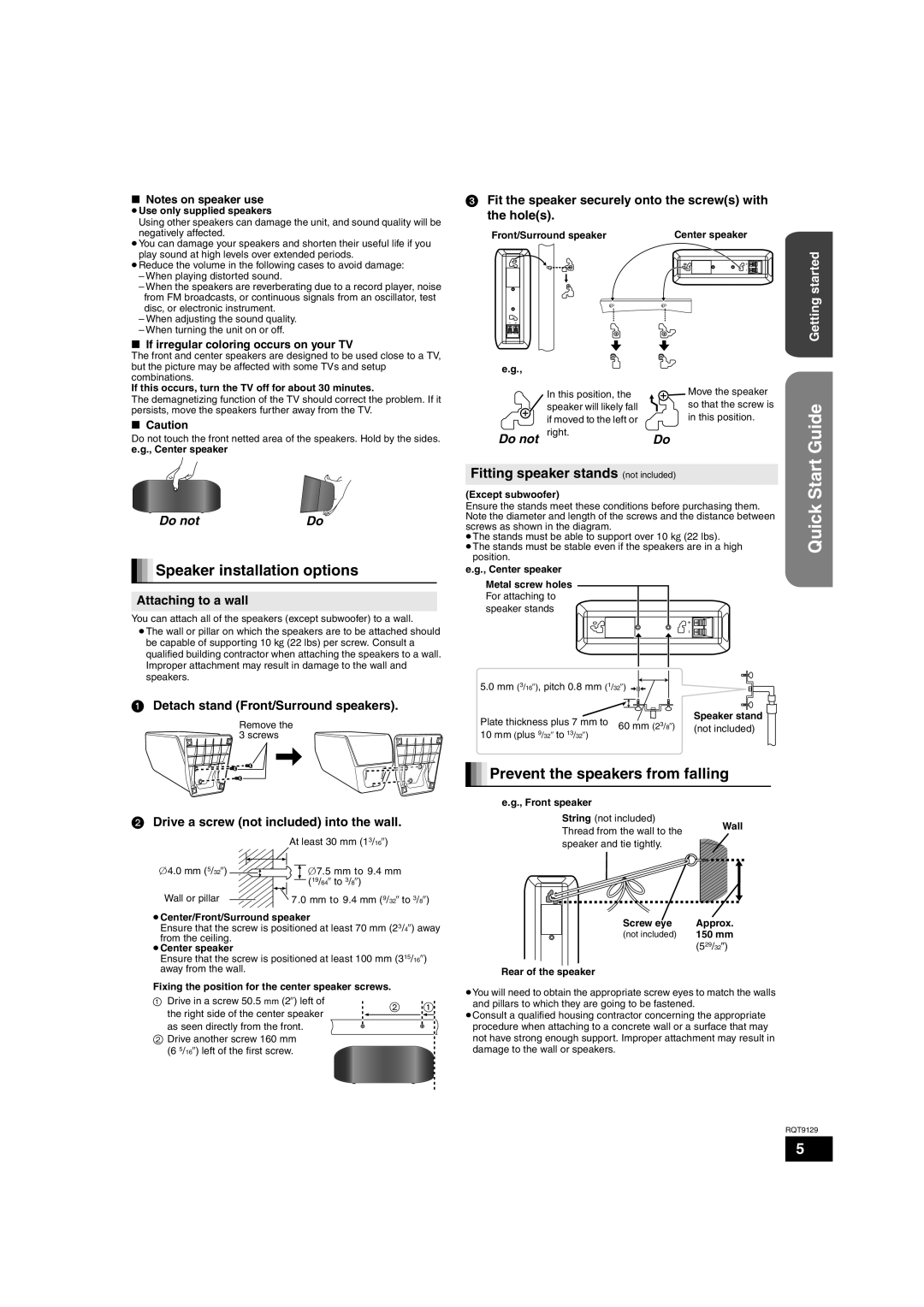 Panasonic SC-BT100 Start, Speaker installation options, Prevent the speakers from falling, Do not, Attaching to a wall 