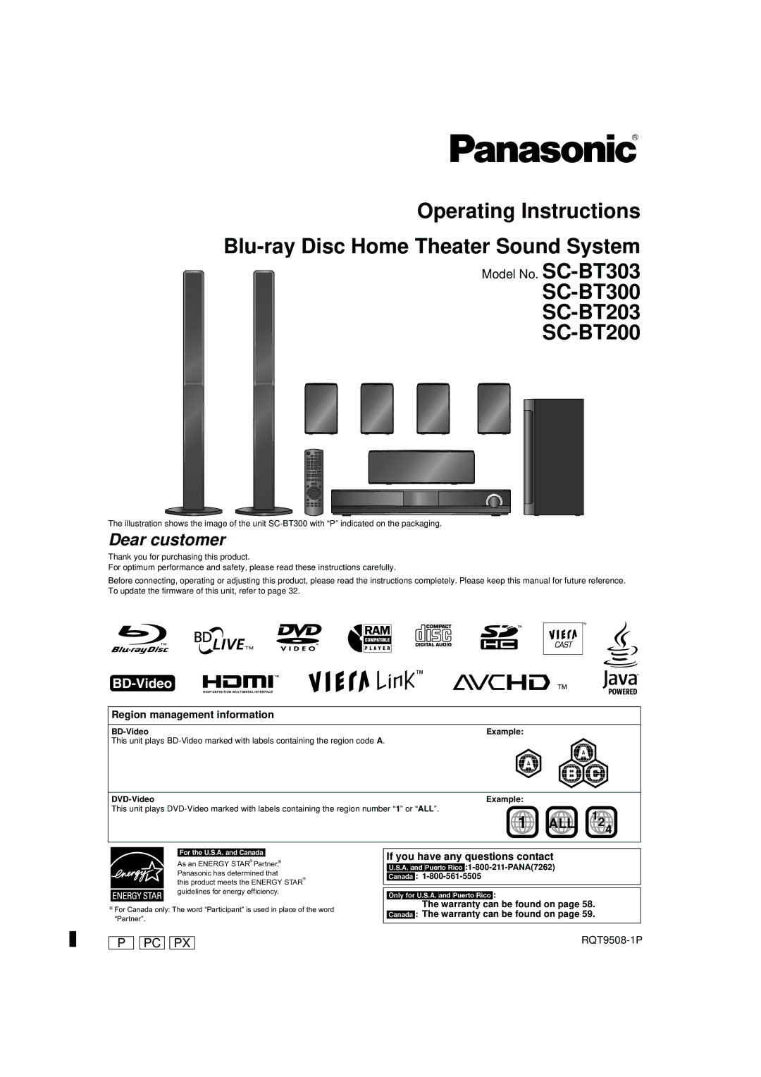 Panasonic SC-BT303 warranty Region management information, If you have any questions contact, BD-Video, DVD-Video Example 