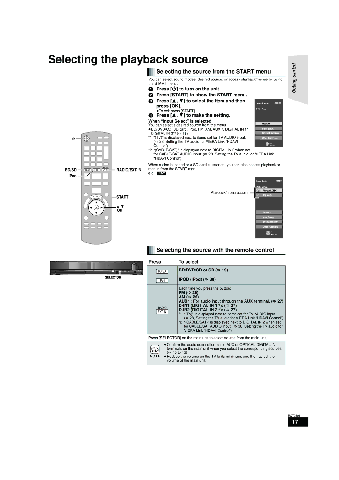 Panasonic SC-BT203 Selecting the playback source, Selecting the source from the Start menu, Press 3, 4 to make the setting 