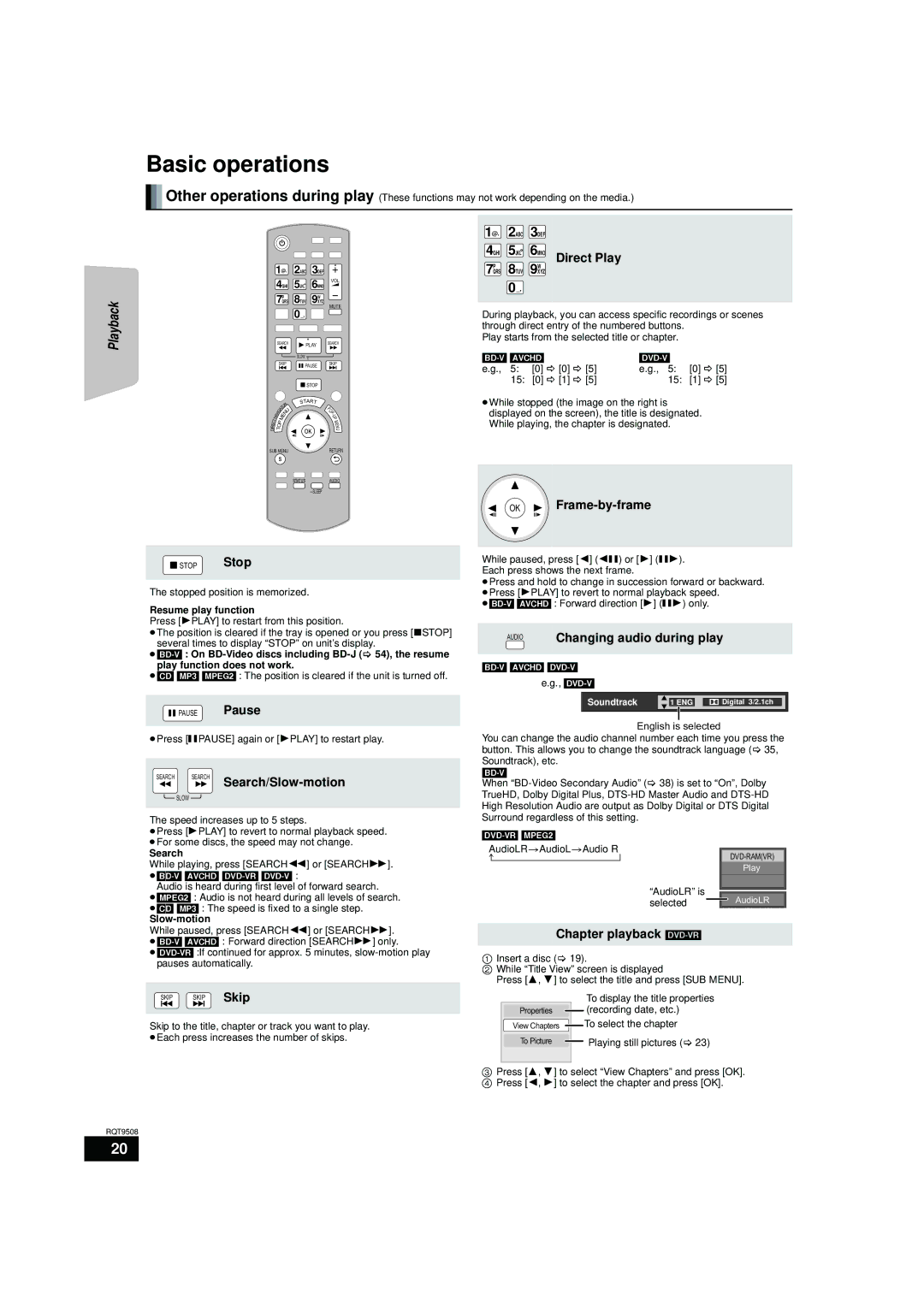 Panasonic SC-BT203 warranty Basic operations, Search Search Search/Slow-motion, OK Frame-by-frame, Chapter playback DVD-VR 