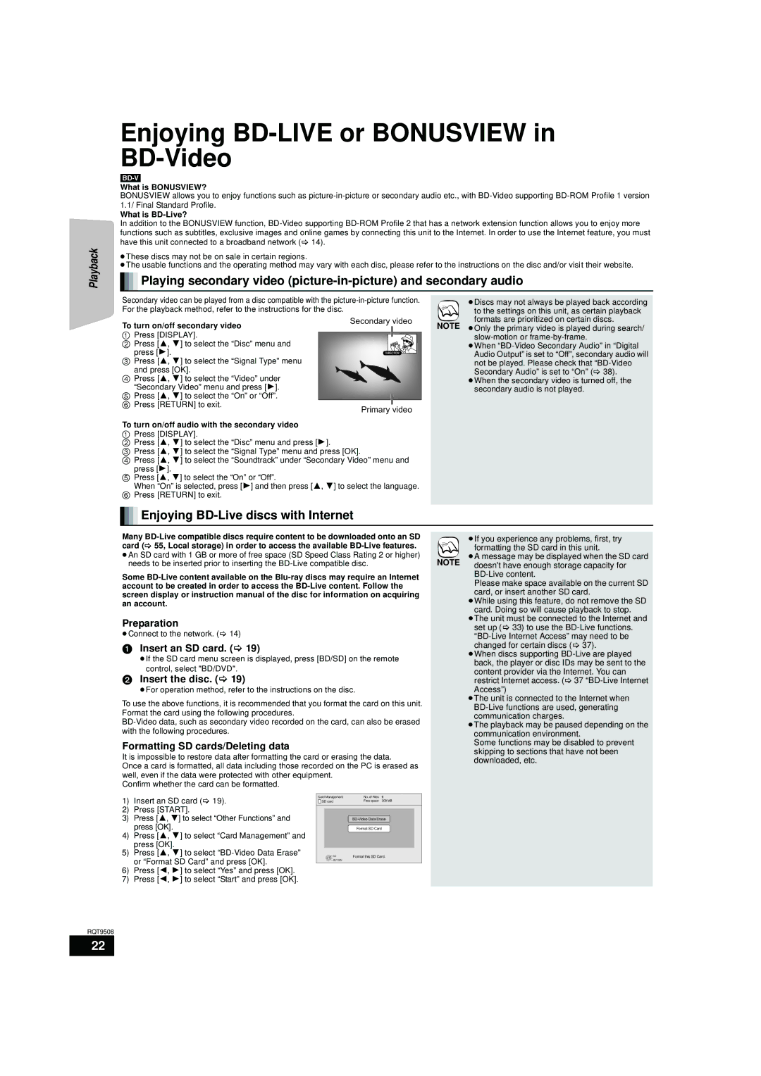 Panasonic SC-BT303 Enjoying BD-LIVE or Bonusview in BD-Video, Enjoying BD-Live discs with Internet, Insert an SD card 