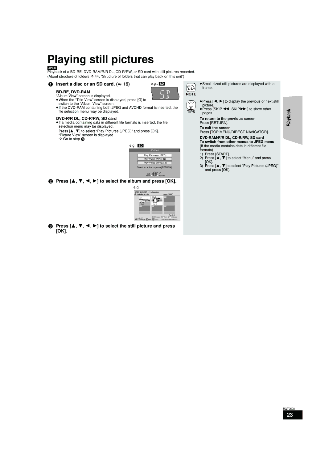 Panasonic SC-BT203 Playing still pictures, Insert a disc or an SD card, Press 3, 4, 2, 1 to select the album and press OK 