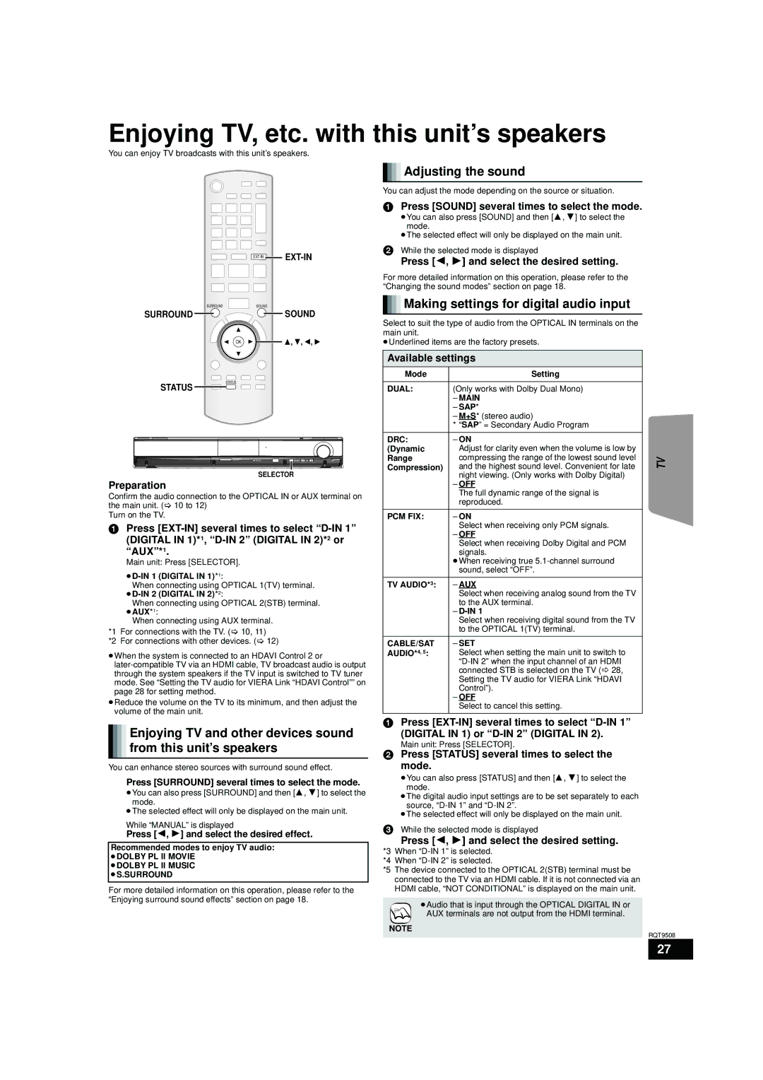 Panasonic SC-BT200, SC-BT303, SC-BT203 Enjoying TV, etc. with this unit’s speakers, Adjusting the sound, Available settings 