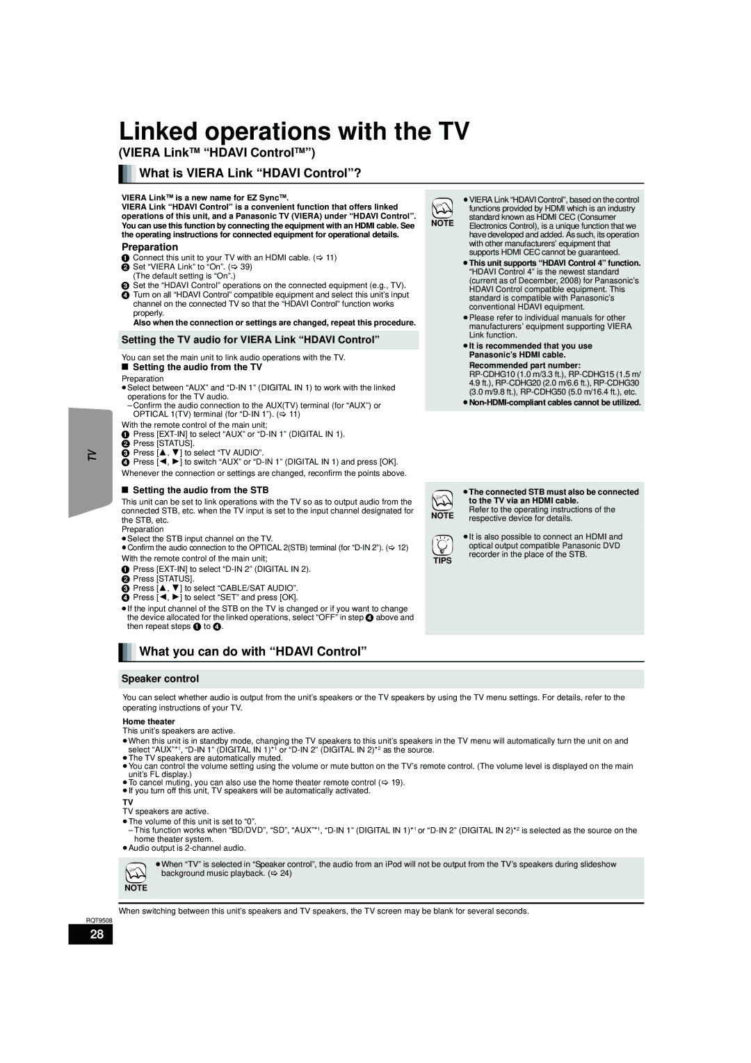 Panasonic SC-BT303, SC-BT200, SC-BT203 Linked operations with the TV, What you can do with Hdavi Control, Speaker control 