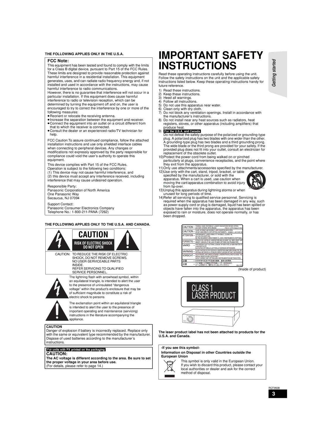 Panasonic SC-BT200 warranty FCC Note, Following Applies only in the U.S.A, Following Applies only to the U.S.A. and Canada 