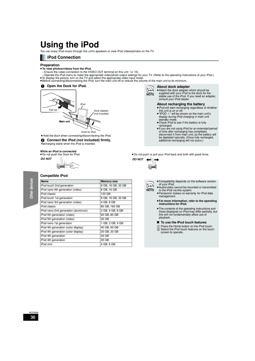 Panasonic SC-BT200, SC-BT303, SC-BT203 warranty Using the iPod, IPod Connection 