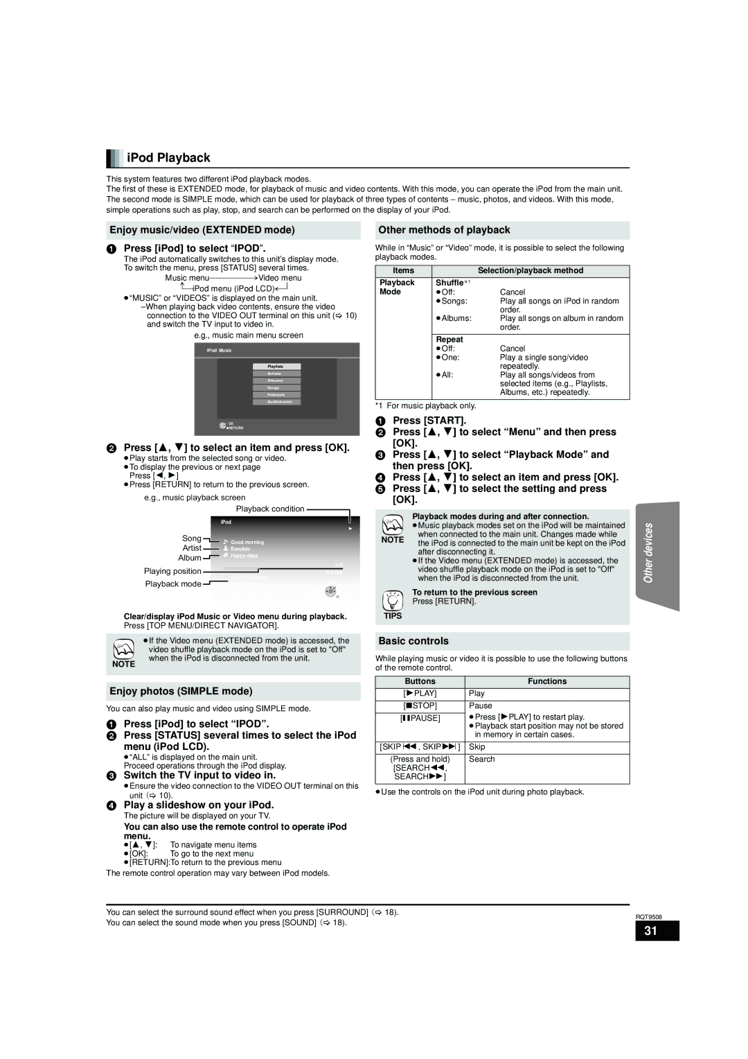 Panasonic SC-BT303 Enjoy music/video Extended mode Press iPod to select Ipod, Press 3, 4 to select an item and press OK 