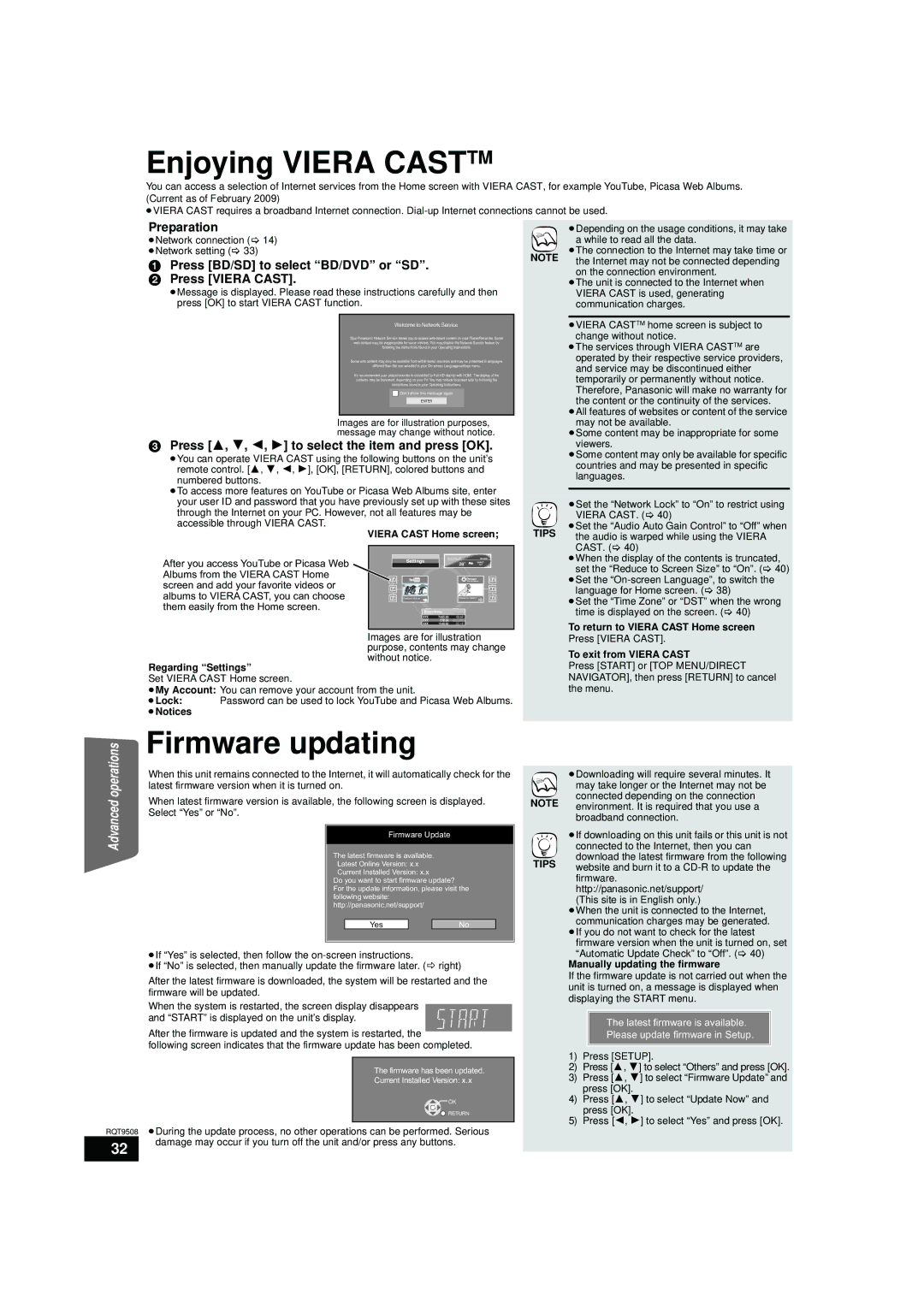 Panasonic SC-BT203, SC-BT200 Enjoying Viera Casttm, Firmware updating, Press BD/SD to select BD/DVD or SD Press Viera Cast 