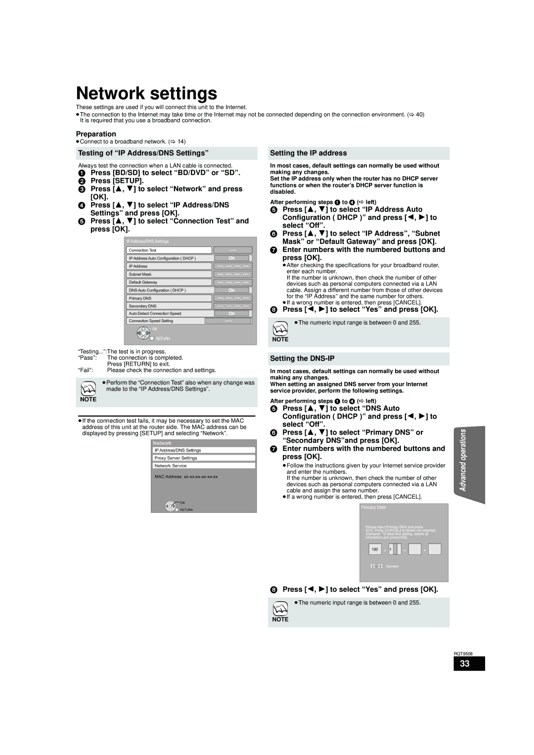 Panasonic SC-BT200 Network settings, Testing of IP Address/DNS Settings, Setting the IP address, Setting the DNS-IP 