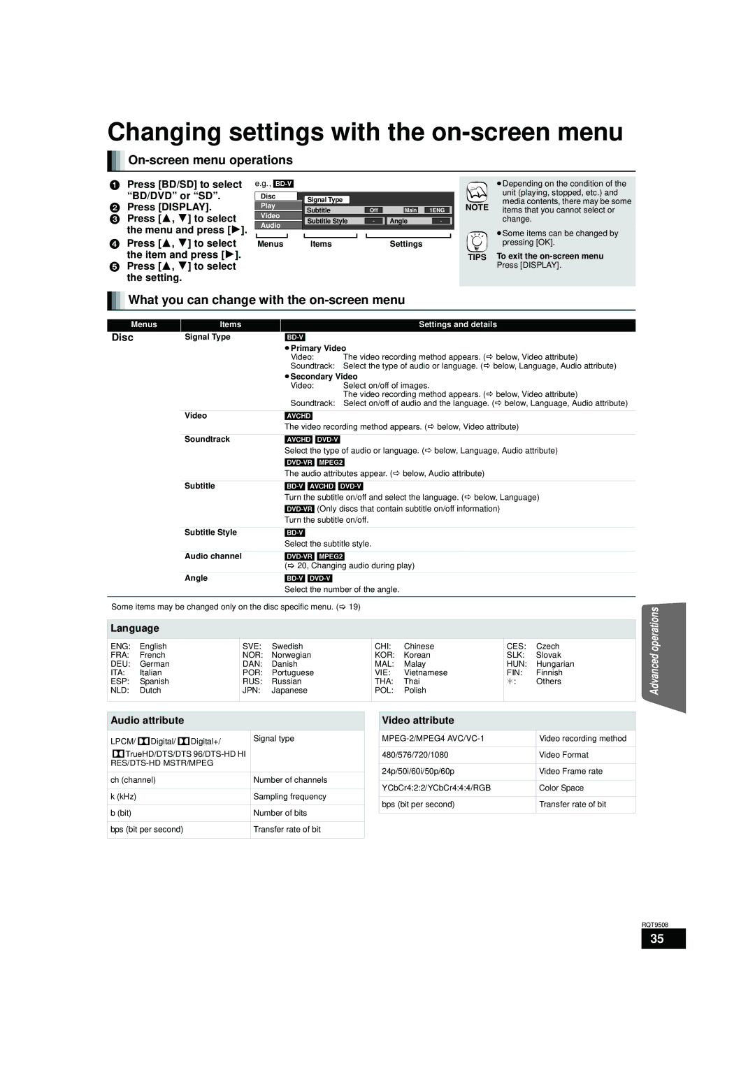 Panasonic SC-BT203, SC-BT200, SC-BT303 warranty Changing settings with the on-screen menu, On-screen menu operations 