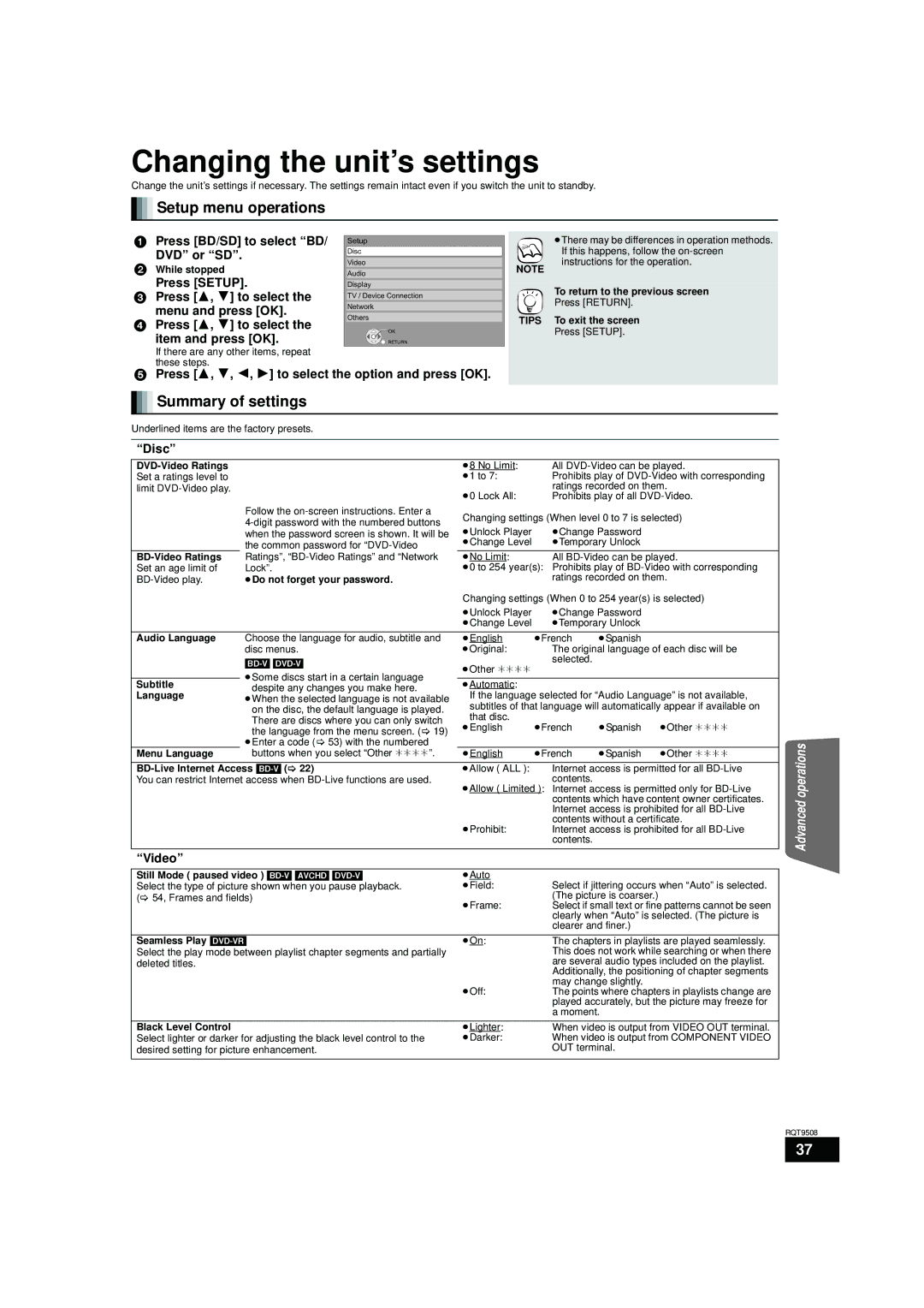 Panasonic SC-BT303, SC-BT200, SC-BT203 warranty Changing the unit’s settings, Setup menu operations, Summary of settings 