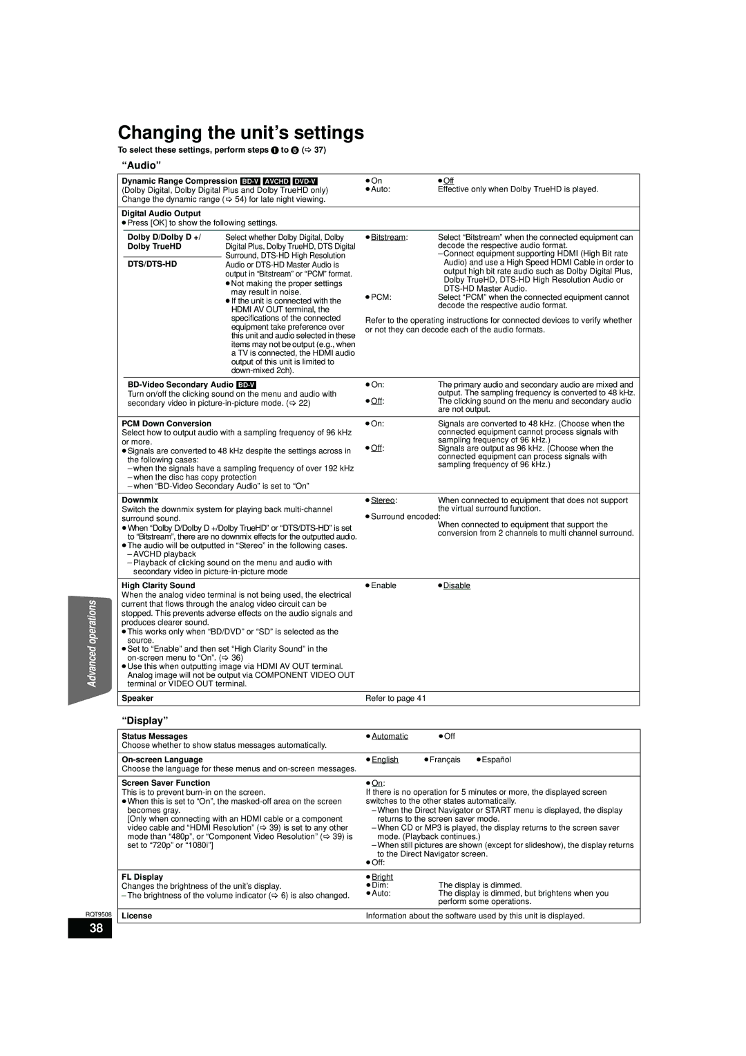 Panasonic SC-BT203, SC-BT200, SC-BT303 warranty Changing the unit’s settings, Display, Dts/Dts-Hd 