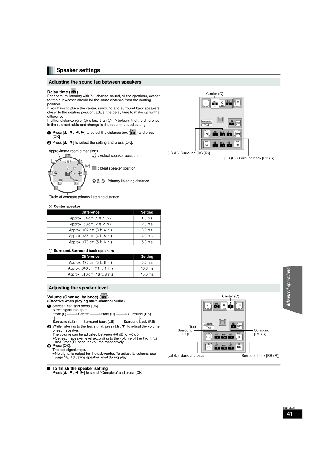 Panasonic SC-BT203 warranty Speaker settings, Adjusting the sound lag between speakers, Delay time, Volume Channel balance 