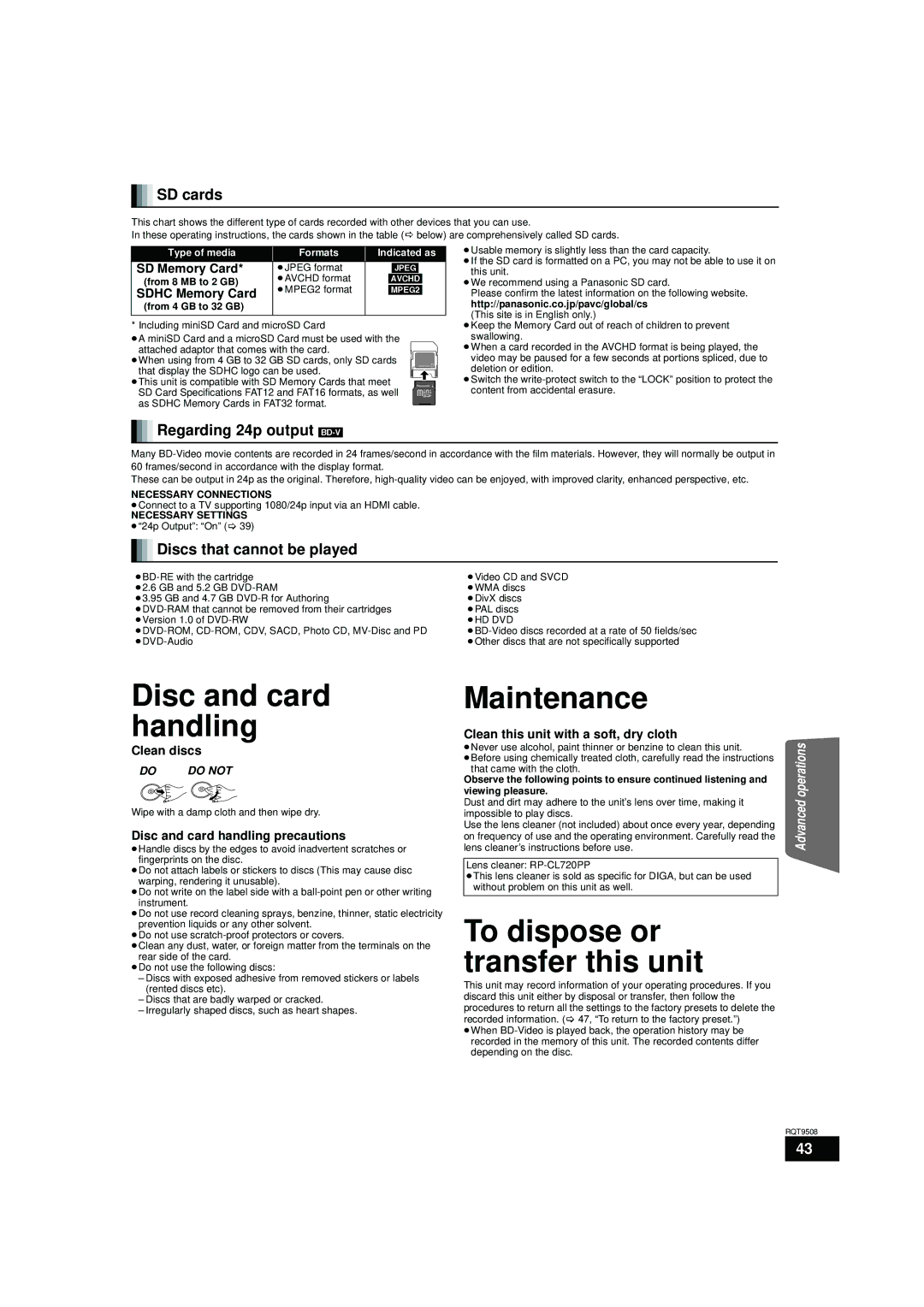 Panasonic SC-BT303, SC-BT200, SC-BT203 warranty Disc and card handling, Maintenance, To dispose or transfer this unit 