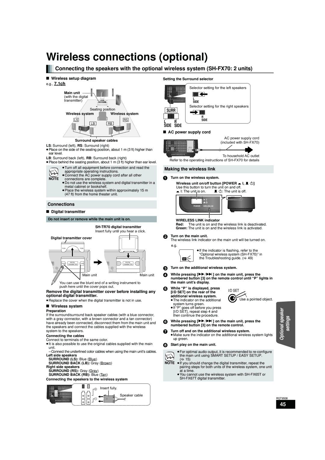 Panasonic SC-BT200, SC-BT303, SC-BT203 warranty Wireless connections optional, Connections, Making the wireless link 