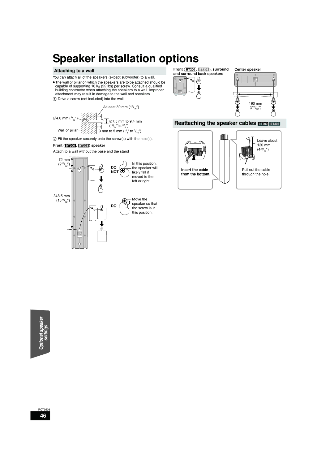 Panasonic SC-BT303, SC-BT200, SC-BT203 Attaching to a wall, Front BT300, BT303 speaker, Insert the cable, From the bottom 