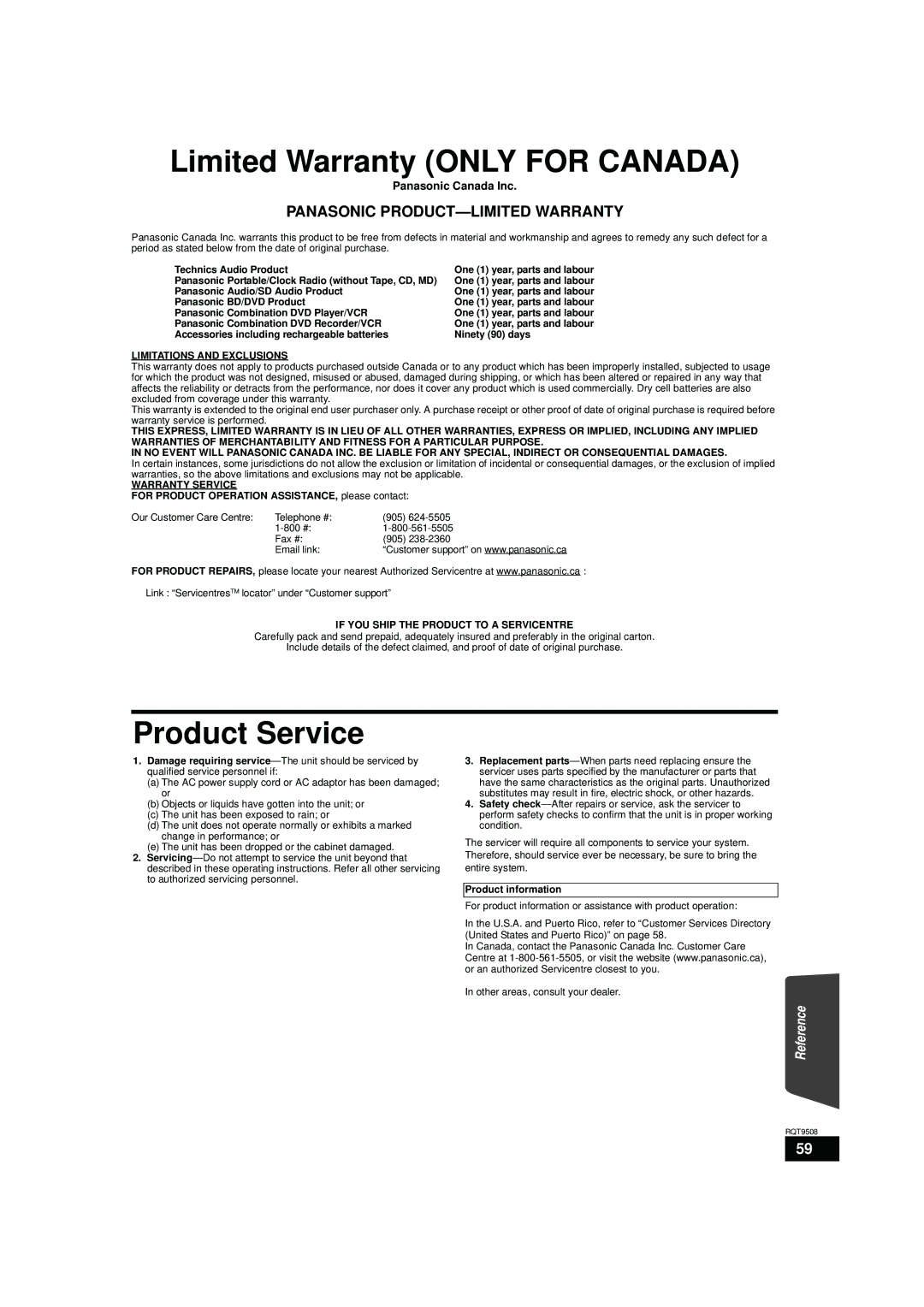 Panasonic SC-BT203, SC-BT200, SC-BT303 warranty Limited Warranty only for Canada, Product Service, Panasonic Canada Inc 