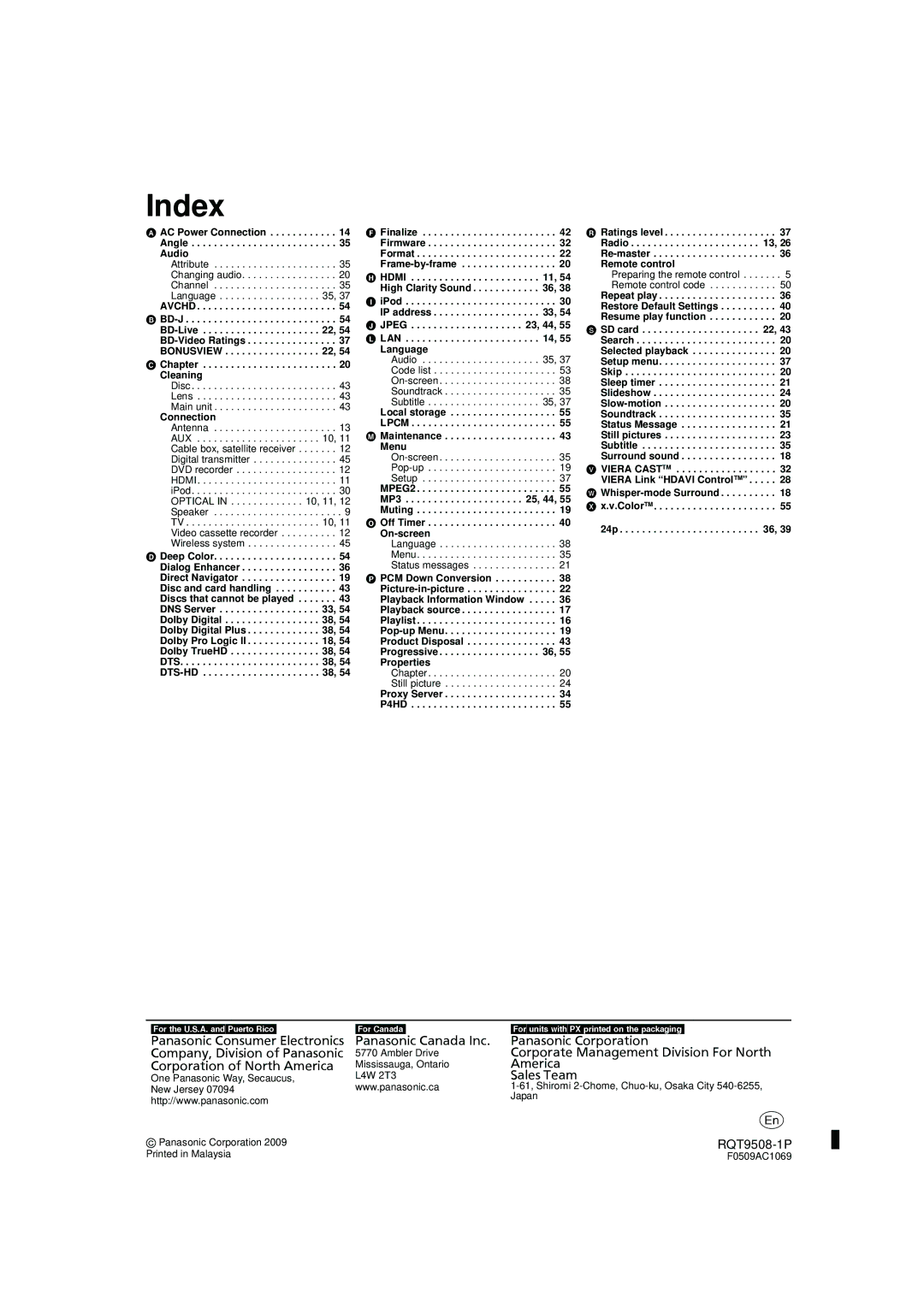 Panasonic SC-BT200, SC-BT303, SC-BT203 warranty Index 