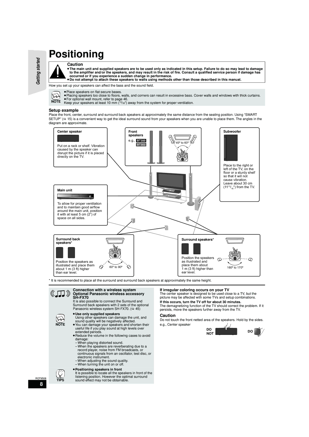 Panasonic SC-BT203, SC-BT200, SC-BT303 Positioning, Setup example, If irregular coloring occurs on your TV, Do do Not Tips 