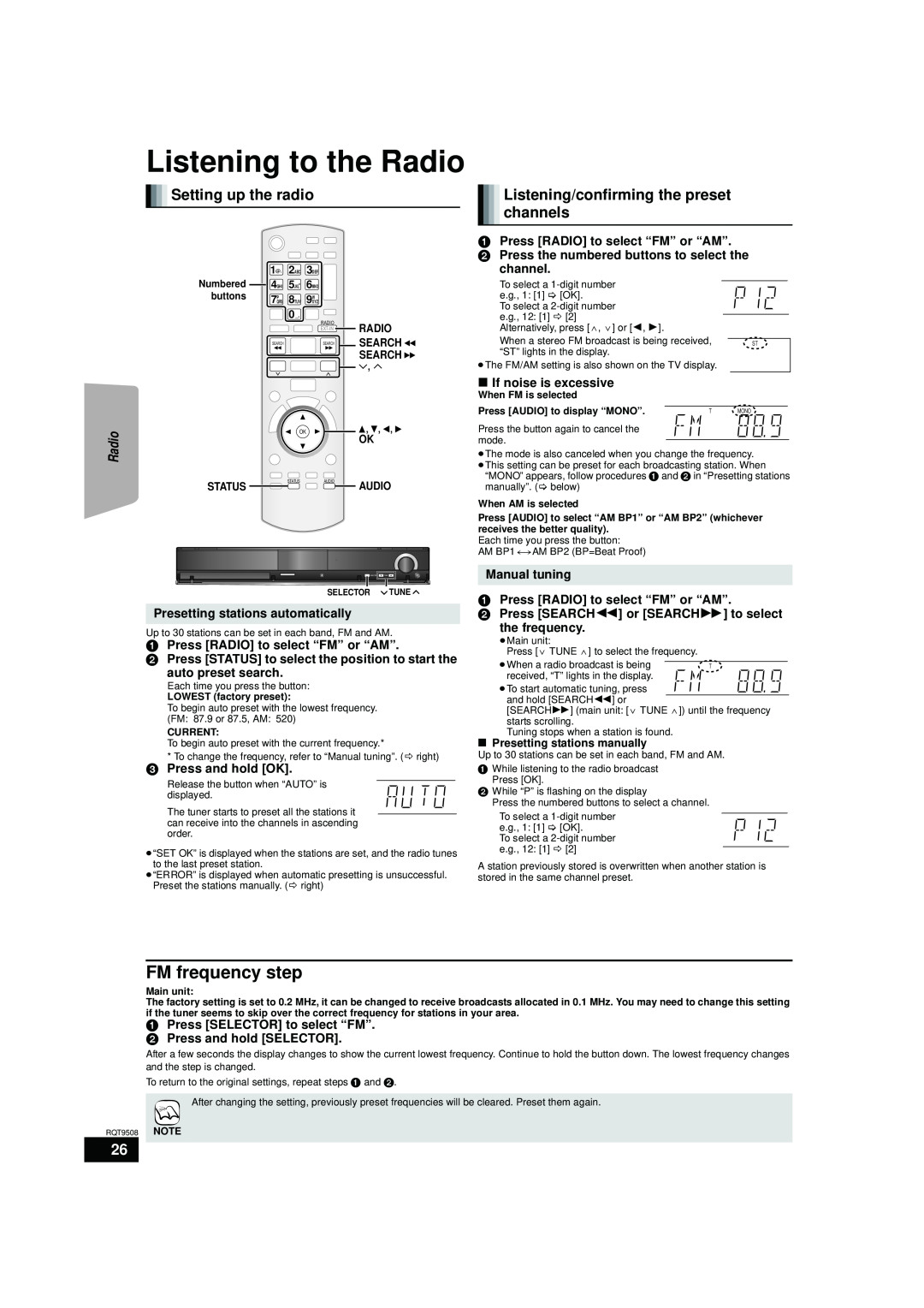 Panasonic SC-BT203 Listening to the Radio, FM frequency step, Setting up the radio, Press RADIO to select “FM” or “AM” 